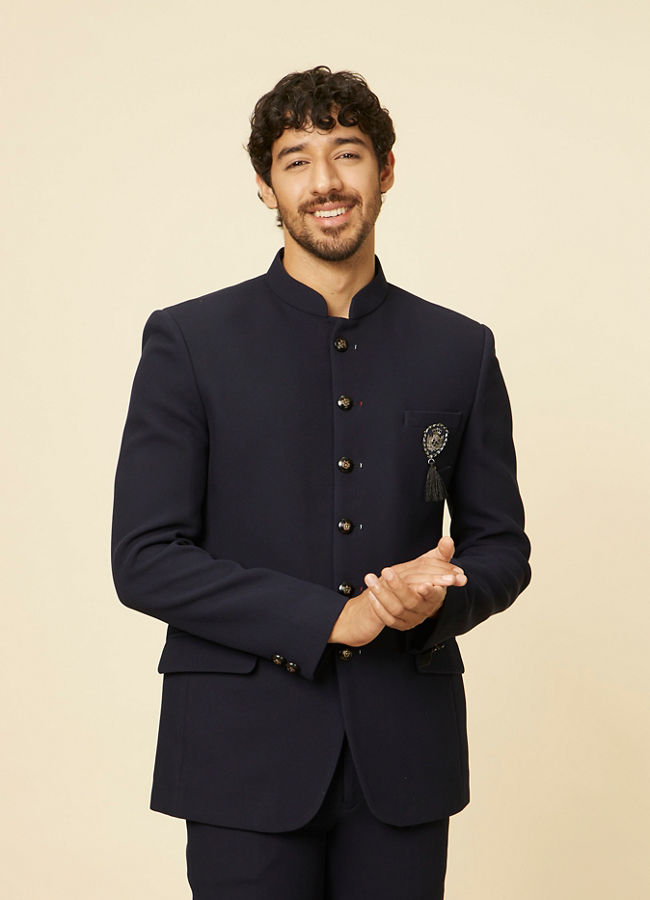 alt message - Manyavar Men Classic Dark Blue Jodhpuri Suit image number 0